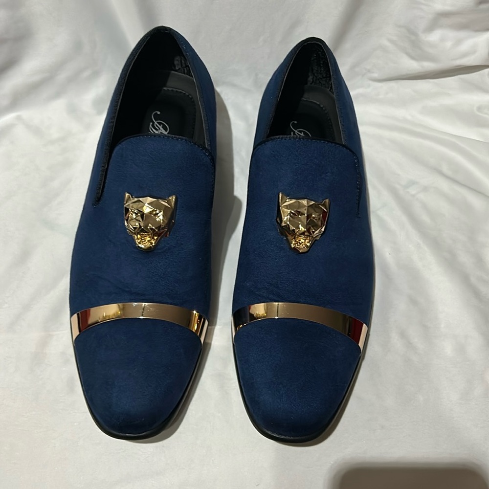 Blue Suede Shoes with Gold Panther